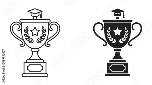 Foto Graduation Trophy Icon: A set of two trophy icons, one outlined and one solid black, adorned with a graduation cap and a laurel wreath, symbolizing academic achievement and success