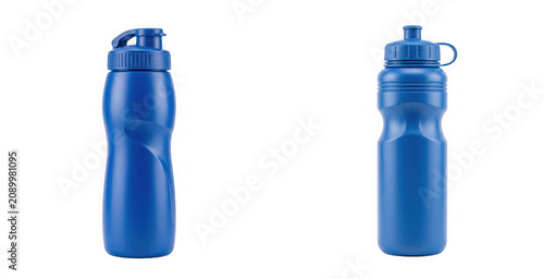 Two blue plastic water bottles isolated on transparent background