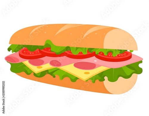 A cartoon-style illustration of a sandwich with a long, crusty bread roll, filled with lettuce, cheese, ham, and tomato