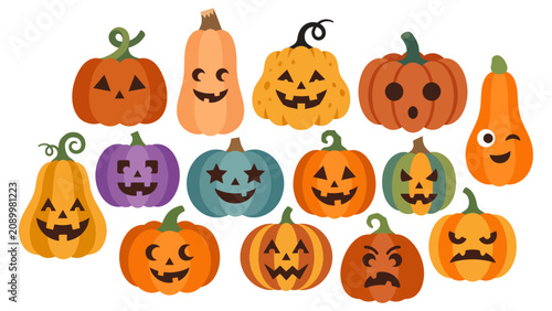 Collection of 15 diverse halloween pumpkins with carved faces and various shapes