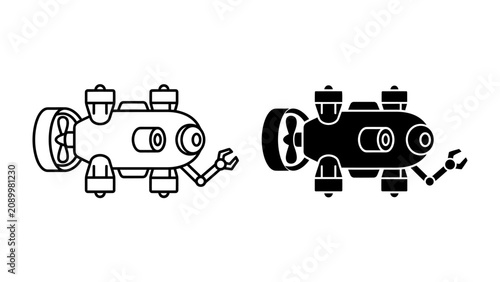 Schilderij op canvas Underwater Robot Icon: A streamlined underwater robot, depicted in both outline and silhouette, equipped with propellers and a robotic arm, ready for exploration