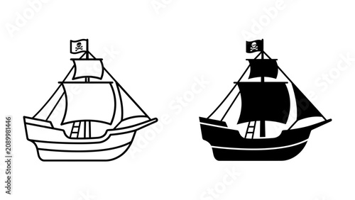 Cuadro en lienzo Pirate Ship Silhouette: A classic pirate ship, rendered in both outline and silhouette, sails the open sea under a Jolly Roger flag, evoking adventure and historical exploration