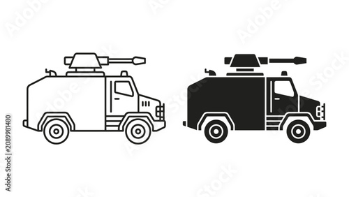 Konstfotografi Water Cannon Vehicle Icons: A pair of black and white line art icons depicting a water cannon truck, one in outline and the other in silhouette, symbolizing law enforcement or emergency response