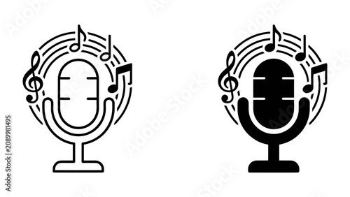 Fotografie Microphone and Music Notes: A stylized illustration showcasing a vintage microphone surrounded by musical notes and sound waves, symbolizing the art of voice and song