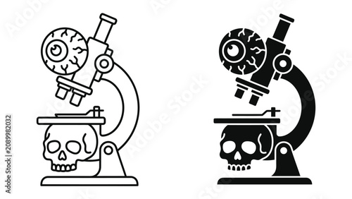 Tableau sur toile Macabre Microscope: A sinister scientific illustration depicts a microscope examining a human skull, with a creepy eyeball on the eyepiece, representing a dark exploration of science