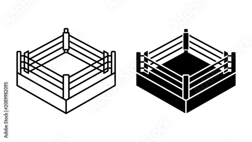 Fotografie Boxing Ring Isometric: Two detailed isometric illustrations of a boxing ring, one in outline and one in solid black, showcasing the structure of a competitive arena