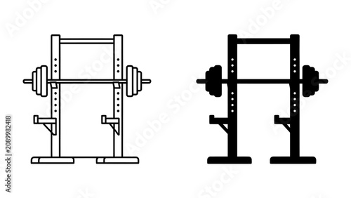 Tableau sur toile Weightlifting Rack Icon: Two simple icons representing a weightlifting rack with a barbell and weights, one in outline and one in silhouette, ideal for fitness and gym-related graphics