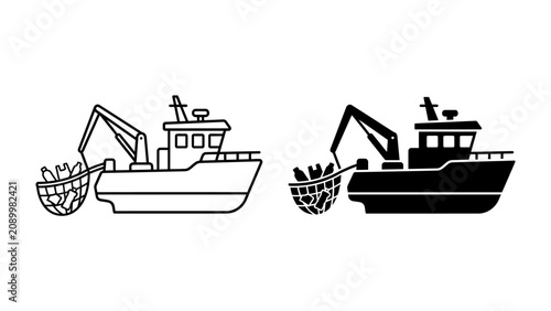 Quadro su tela Fishing Trawler with Catch: A stylized illustration of a fishing trawler, depicted in both line art and silhouette, hauling in a net full of fish