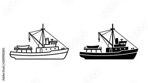 Foto Fishing Trawler Icons: Two stylized illustrations of a fishing trawler, one in outline and the other in silhouette, representing maritime industry and seafaring