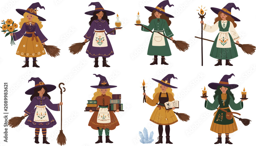 Fototapeta premium A collection of eight cute witch characters dressed in festive autumn outfits holding magic wands brooms and candles for halloween