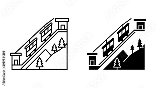Tableau sur toile Funicular Cable Car Ascent: Two stylized graphic representations of a funicular cable car system ascending a steep incline, featuring carriages, tracks, stations, and trees on a mountain slope