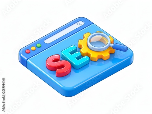 3D isometric SEO concept with colorful letters, gear, and magnifying glass on blue background