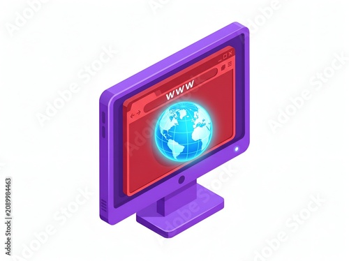3D isometric purple computer monitor displaying a glowing globe and WWW text on red screen