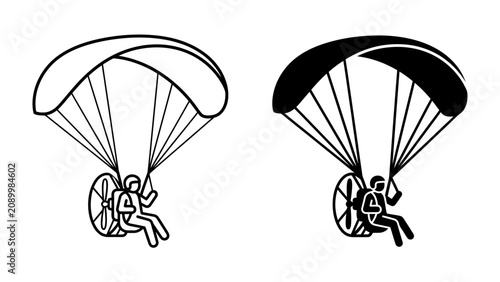 Tableau sur toile Paramotor Flight Silhouette: Two stylized illustrations of a person operating a paramotor, showcasing the sport of powered paragliding with a contrasting black and white design