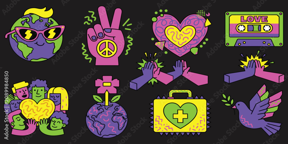 Fototapeta premium Retro 90s Peace and Love Sticker Pack with Cassette Tape and Globe Vectors.
