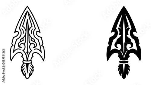 Φωτογραφία Tribal Arrowhead Design: A stylized tribal arrowhead emblem presented in both outline and silhouette, symbolizing ancient hunting tools and primitive art