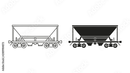 Quadro su tela Hopper Cars Silhouette: A graphic representation of two hopper train cars, one outlined in black and white and the other in solid black, showcasing their utilitarian design