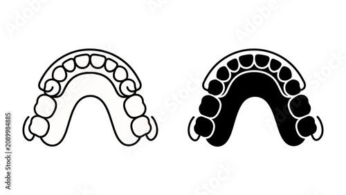 Tableau sur toile Dentures Icon: A clean and clear representation of a full upper denture in both outline and solid fill style, ideal for dental or medical illustration