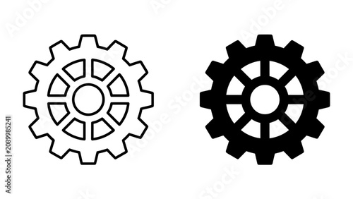 Bild auf Leinwand Gears Icon Set: Two distinct gear icons, one outlined and one solid black, represent mechanical engineering and industry