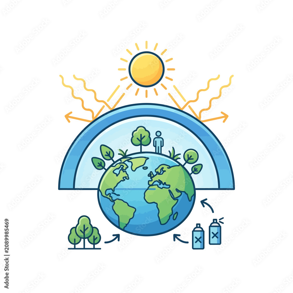 Naklejka premium Earth with green plants and sun.