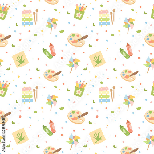 School education pedagogy seamless pattern set featuring palette paint xylophone pinwheel pencils handprint stationery blots points glass brushes paper crayons
