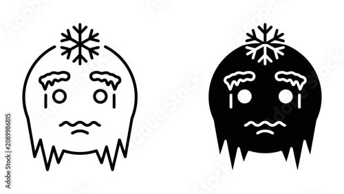 Fotografia Frozen Face Emoji: Two stylized emoji faces, one outlined and one solid black, depict a state of extreme cold and discomfort with icy features and dripping icicles