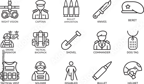 Canvastavla Military line icons set, 15 tactical army equipment and soldier vector symbols,