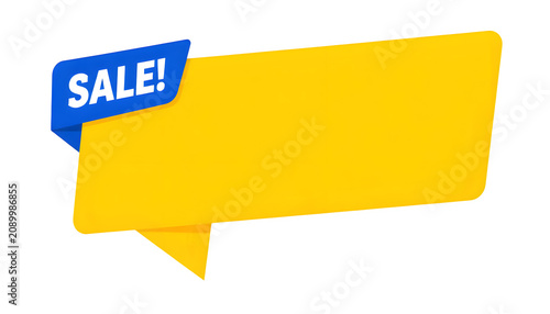 Yellow sale banner tag with blue label for retail marketing promotion isolated transparent png	