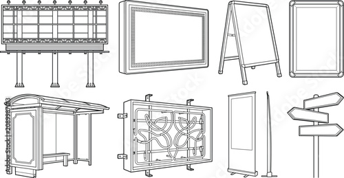 Photos Outdoor advertising mockup line art icon set featuring billboard signboards roll