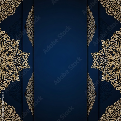 A dark blue background with ornate gold designs on either side