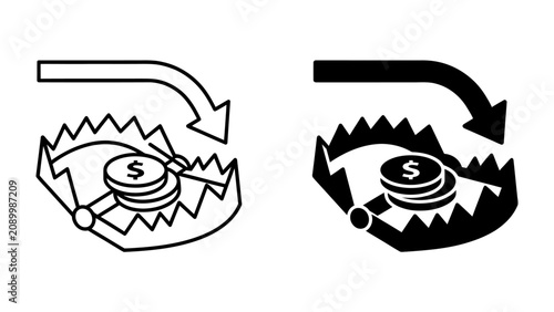Quadro su tela Financial Trap Symbol: Two stylized icons depict a bear trap designed to catch money, symbolizing financial risk, debt, and economic danger