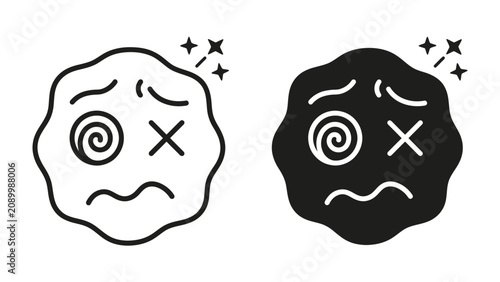 Konstfotografi Dizzy Face Emoji Illustration: A graphic illustration depicting a dizzy face emoji with swirling eyes and an 'x' for eyes, in both black and white, symbolizing confusion or being unwell