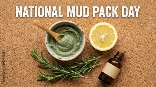 Mud pack ingredients on corkboard, National Mud Pack Day