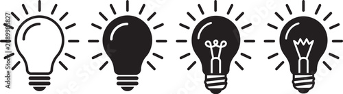 Four light bulbs with rays on white background representing ideas and innovation