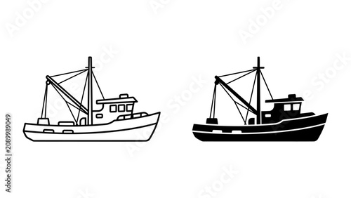 Foto Fishing Boat Silhouettes: Two distinct silhouettes of fishing trawlers, one outlined and the other solid black, depict maritime vessels with masts and rigging, ready for the open sea