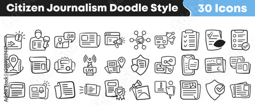 Set of thirty hand drawn citizen journalism and media icons