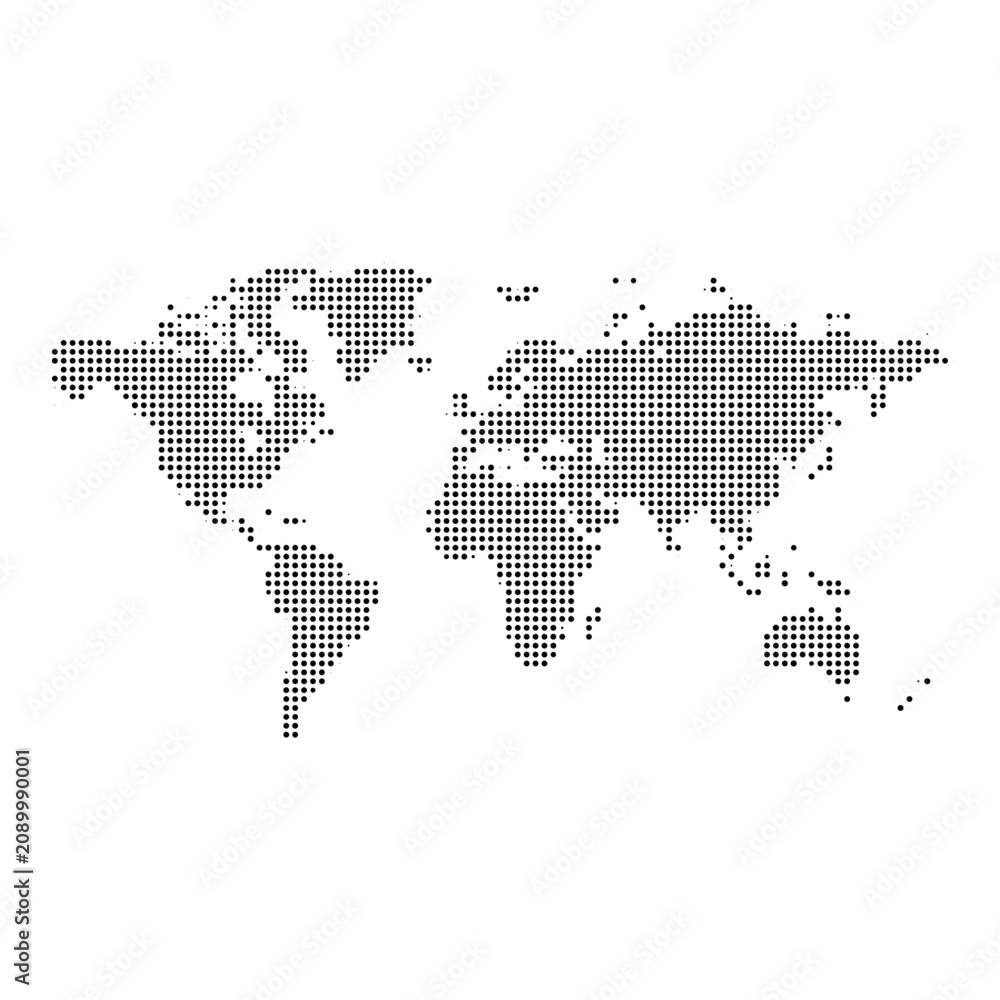 Fototapeta premium Dotted world map illustration with circular point pixel art style.