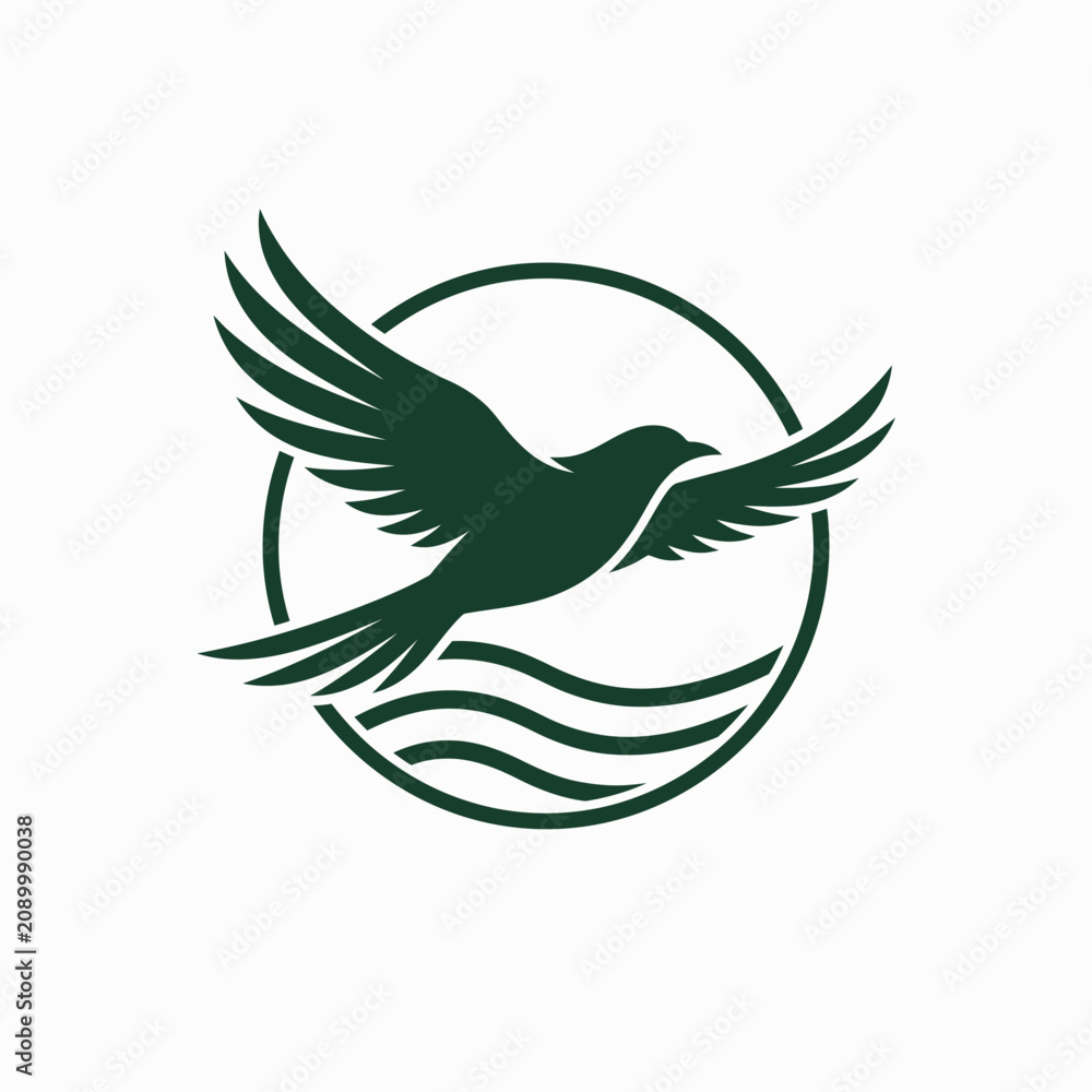 Naklejka premium Green bird flying above ocean waves circular logo.