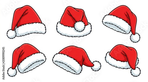 Six Santa hats in different positions on white background