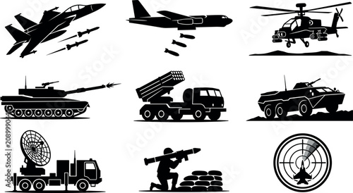 Bild auf Leinwand Military Vehicle and Heavy Weapon Silhouette Set with Fighter Jet, Bomber Plane,
