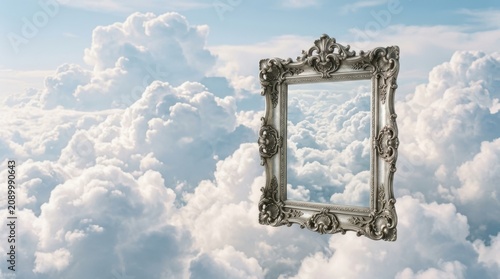Empty Ornate Mirror Floating in Snowy Sky with Dramatic Clouds and Cold Atmosphere