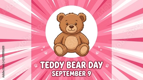 Cute Teddy Bear Sitting on Pink Floral Background with Celebration Text Overlay