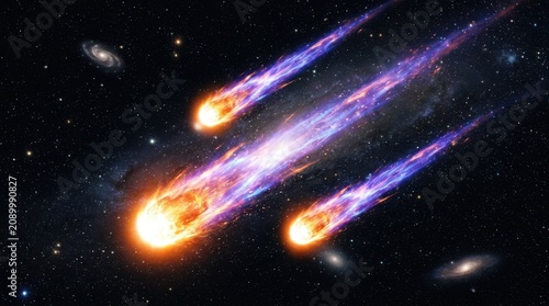 Three meteors burning in space with stars and galaxies