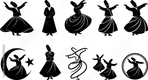 Tableau sur toile Islamic Sufi Whirling Dervish Silhouette Set with Mevlevi Dancers, Crescent Moon