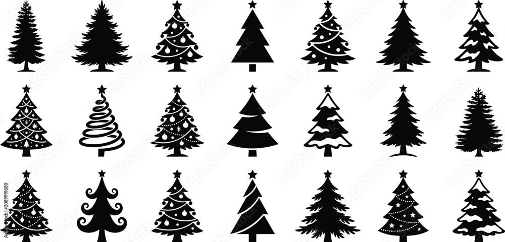 Fototapeta premium Christmas Tree Silhouette Collection Featuring Festive Evergreen Pine Icons with Decorative Holiday Designs for Winter Seasonal Vector Illustrations