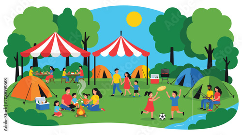 A lively camping scene filled with families enjoying outdoor activities like BBQ, games, and fun under colorful tents and sunshine, perfect for a nature escape.