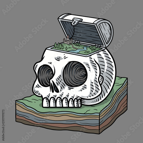 This imaginative design features a skull with an open top revealing a miniature landscape, blending themes of mortality and nature in a striking visual composition.