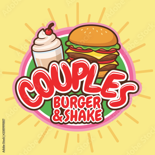 This fun illustration showcases a couple enjoying classic burgers and shakes, symbolizing romance and culinary delights, capturing the joy of sharing meals together.