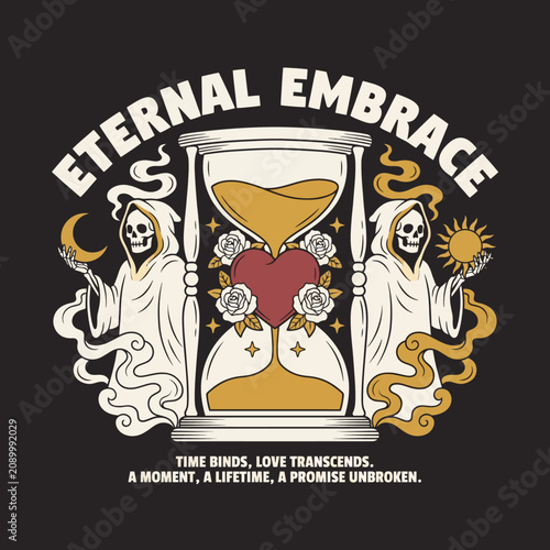 An intricate illustration depicting two skeletons embracing, flanking an hourglass, symbolizing the eternal nature of love and the unbroken promise shared through time.