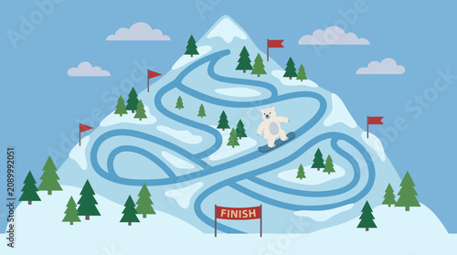 A fun illustration of a polar bear snowboarding on a winding mountain course, encapsulating the joy of winter sports and adventure in a bright and cheerful design.